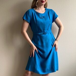 Vintage 1950s Cerulean Blue Belted Day Dress (L)